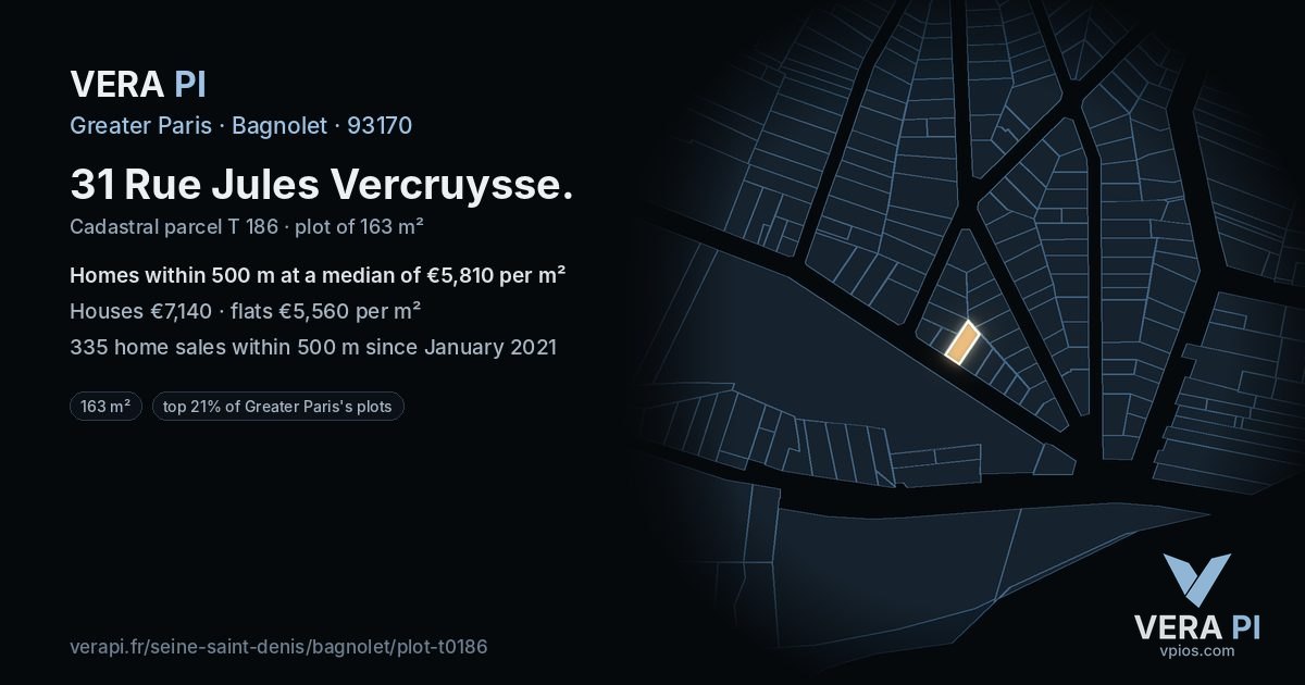 31 Rue Jules Vercruysse, Bagnolet at night – the plot lit, the parcels around coloured by the prices near them
