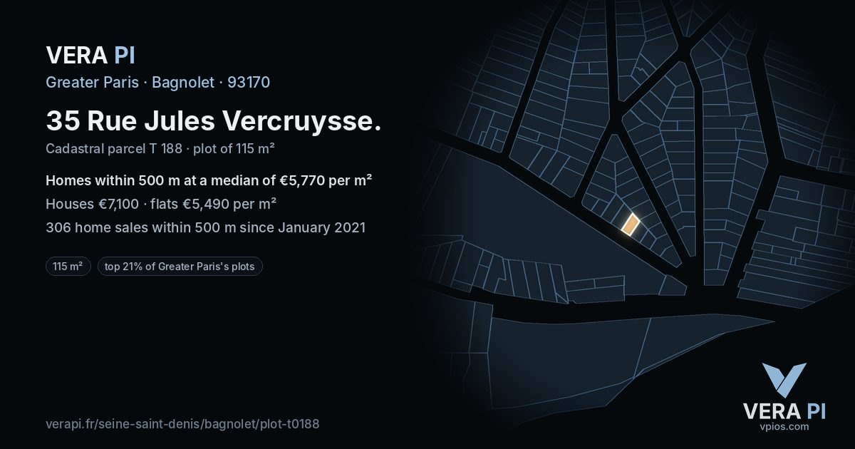 35 Rue Jules Vercruysse, Bagnolet at night – the plot lit, the parcels around coloured by the prices near them