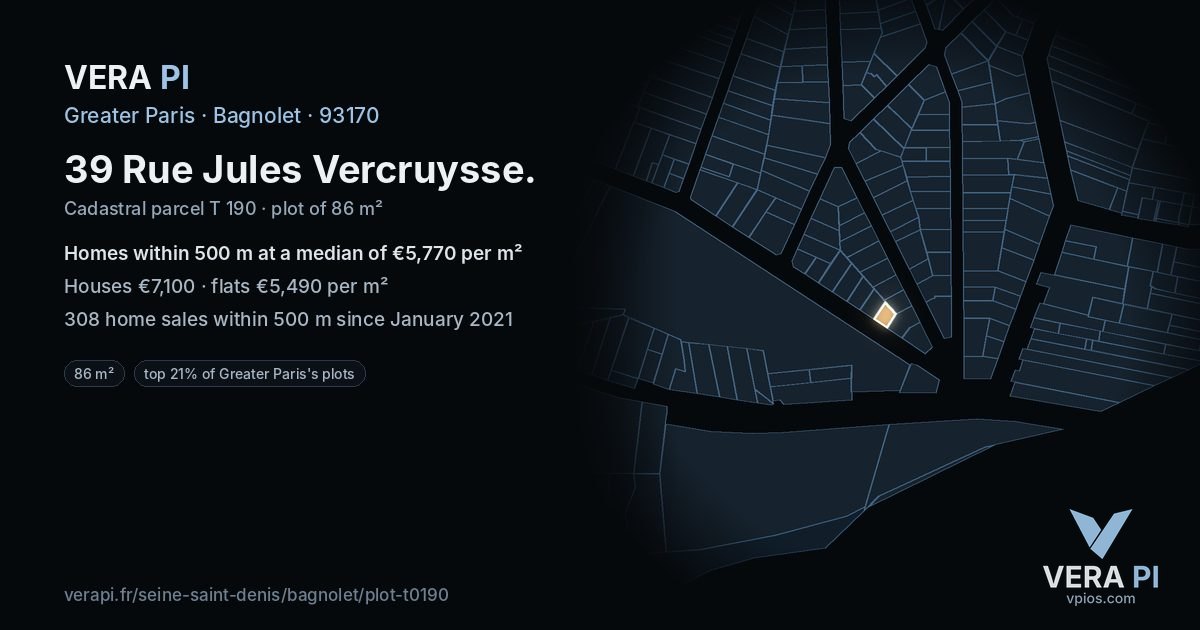 39 Rue Jules Vercruysse, Bagnolet at night – the plot lit, the parcels around coloured by the prices near them