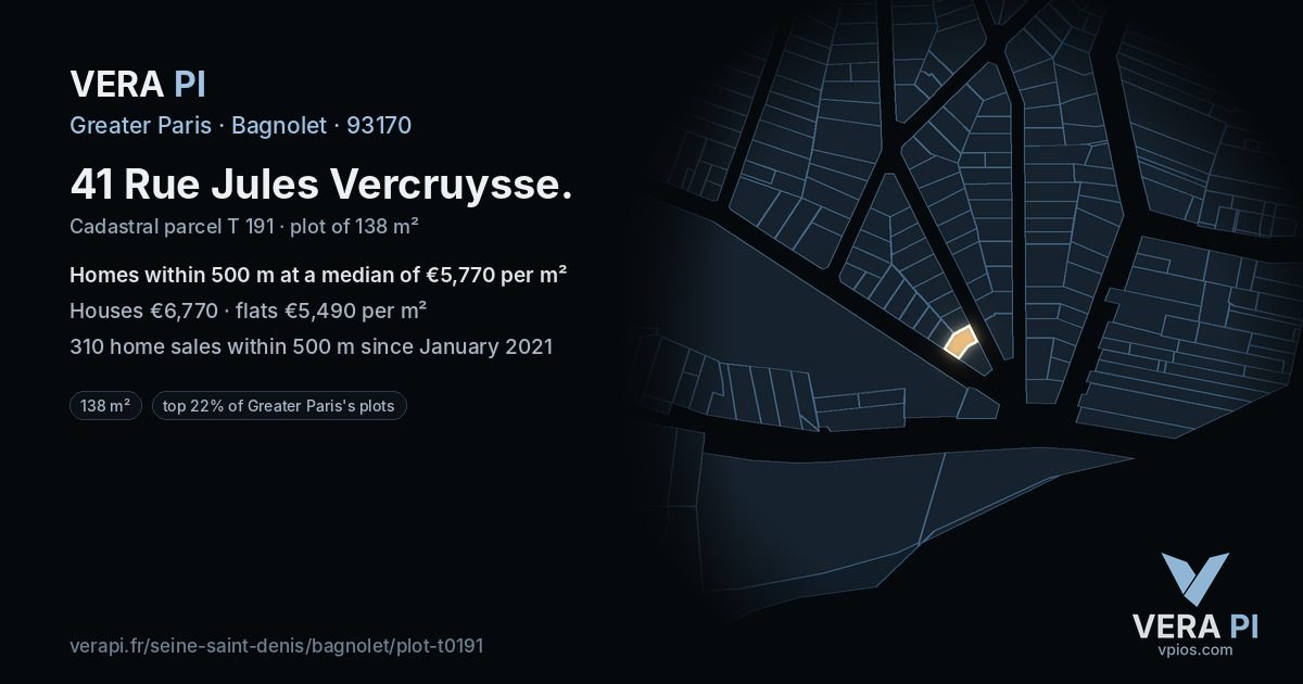 41 Rue Jules Vercruysse, Bagnolet at night – the plot lit, the parcels around coloured by the prices near them