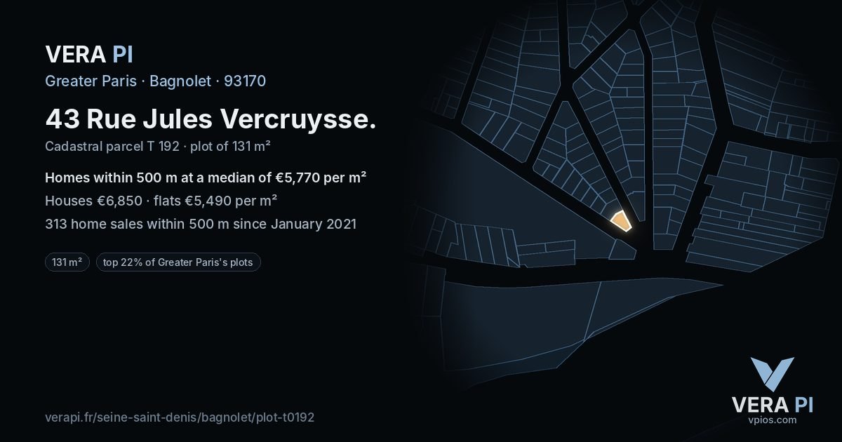 43 Rue Jules Vercruysse, Bagnolet at night – the plot lit, the parcels around coloured by the prices near them