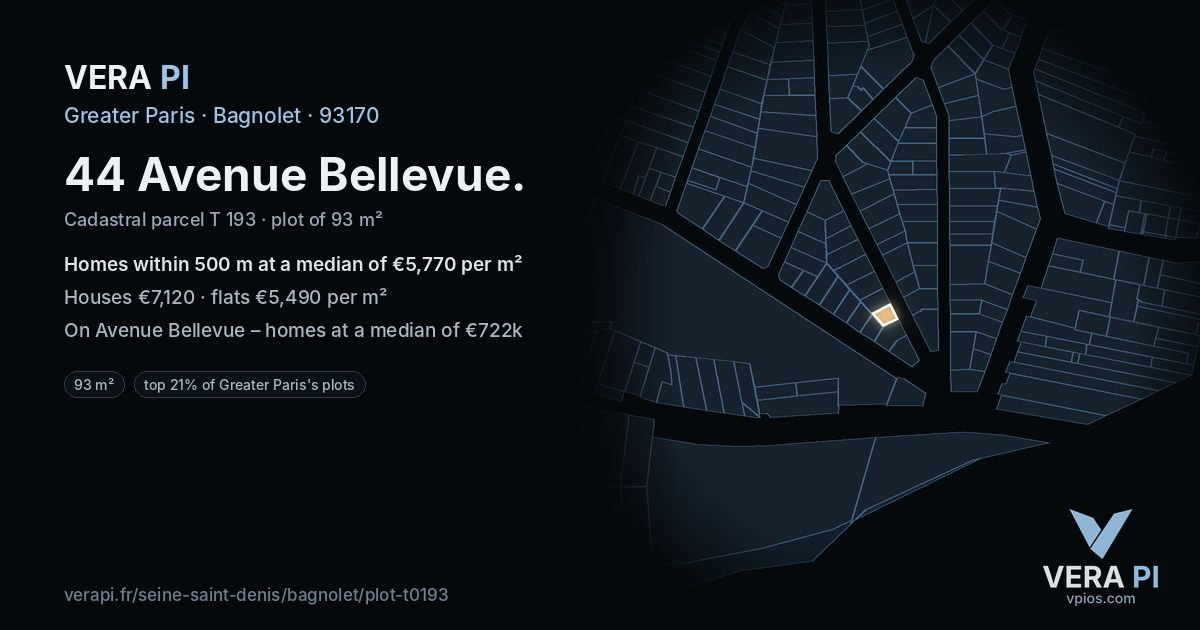 44 Avenue Bellevue, Bagnolet at night – the plot lit, the parcels around coloured by the prices near them