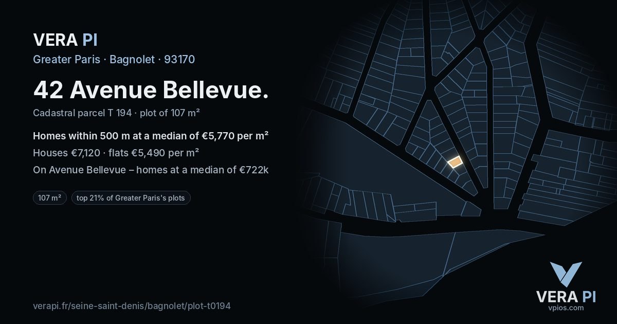 42 Avenue Bellevue, Bagnolet at night – the plot lit, the parcels around coloured by the prices near them