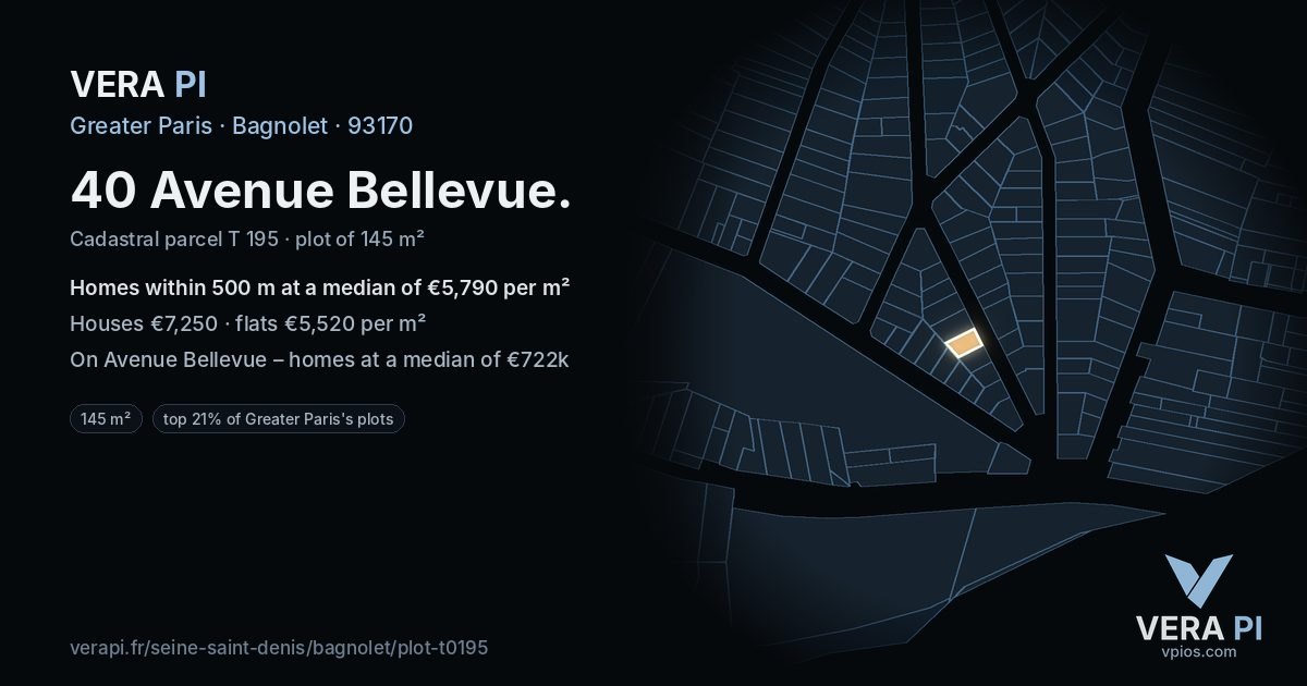 40 Avenue Bellevue, Bagnolet at night – the plot lit, the parcels around coloured by the prices near them