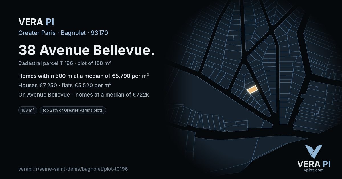 38 Avenue Bellevue, Bagnolet at night – the plot lit, the parcels around coloured by the prices near them