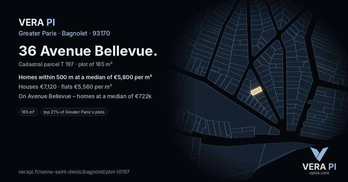 36 Avenue Bellevue, Bagnolet at night – the plot lit, the parcels around coloured by the prices near them