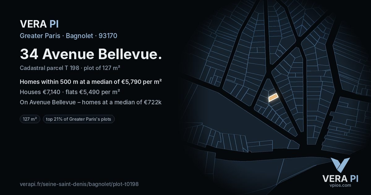 34 Avenue Bellevue, Bagnolet at night – the plot lit, the parcels around coloured by the prices near them