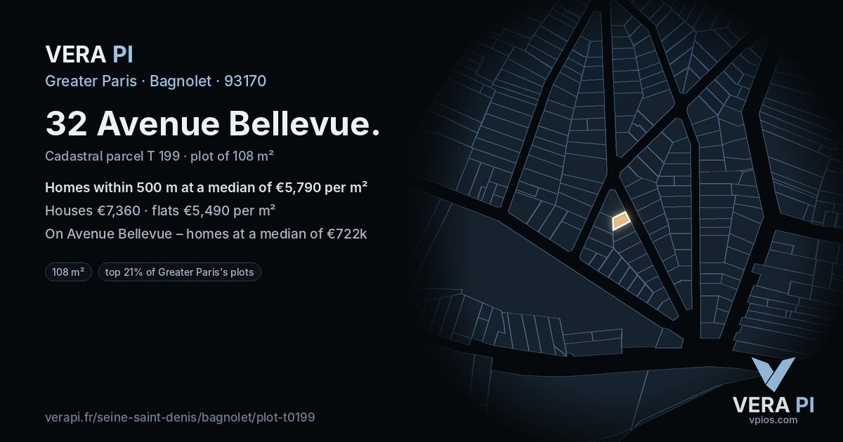 32 Avenue Bellevue, Bagnolet at night – the plot lit, the parcels around coloured by the prices near them