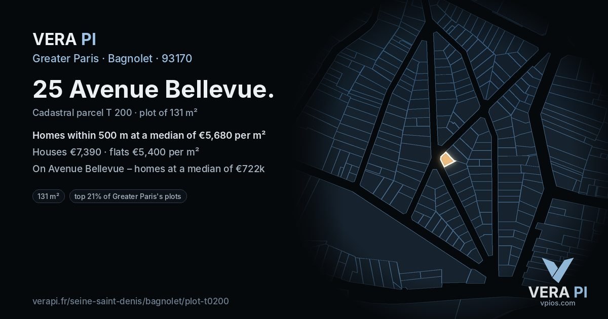 25 Avenue Bellevue, Bagnolet at night – the plot lit, the parcels around coloured by the prices near them