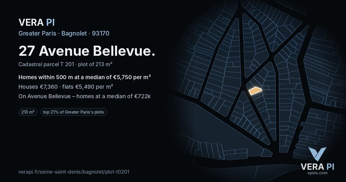 27 Avenue Bellevue, Bagnolet at night – the plot lit, the parcels around coloured by the prices near them