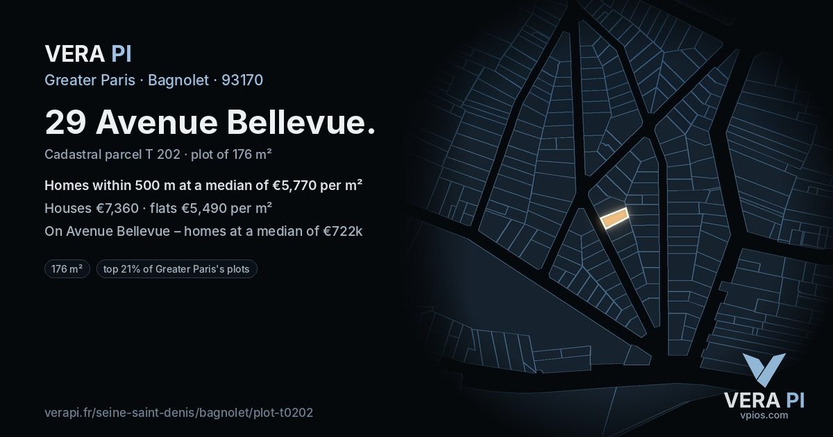 29 Avenue Bellevue, Bagnolet at night – the plot lit, the parcels around coloured by the prices near them