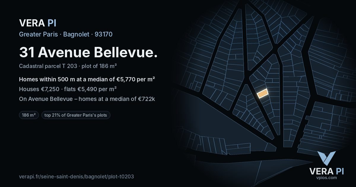 31 Avenue Bellevue, Bagnolet at night – the plot lit, the parcels around coloured by the prices near them