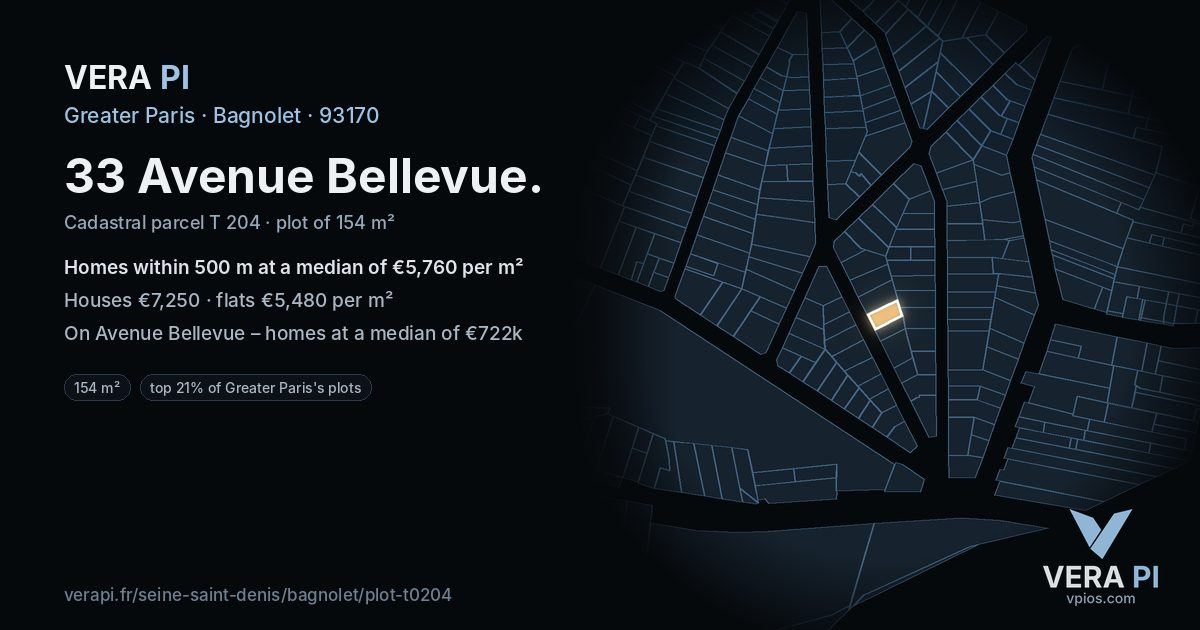 33 Avenue Bellevue, Bagnolet at night – the plot lit, the parcels around coloured by the prices near them