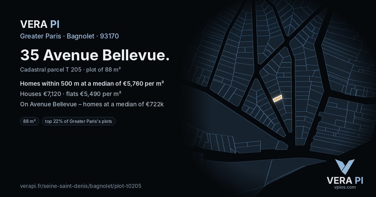 35 Avenue Bellevue, Bagnolet at night – the plot lit, the parcels around coloured by the prices near them