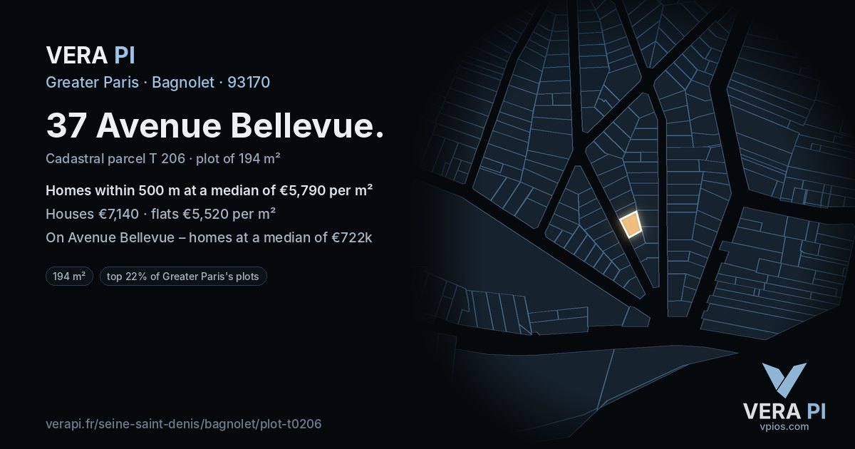 37 Avenue Bellevue, Bagnolet at night – the plot lit, the parcels around coloured by the prices near them