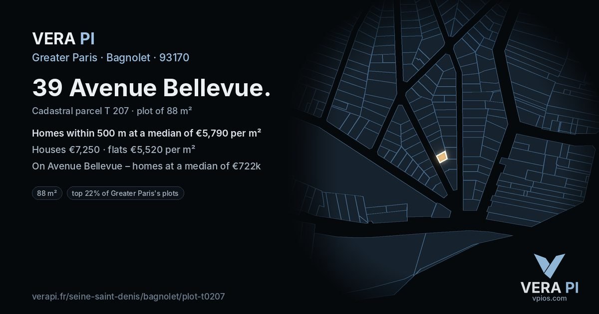 39 Avenue Bellevue, Bagnolet at night – the plot lit, the parcels around coloured by the prices near them