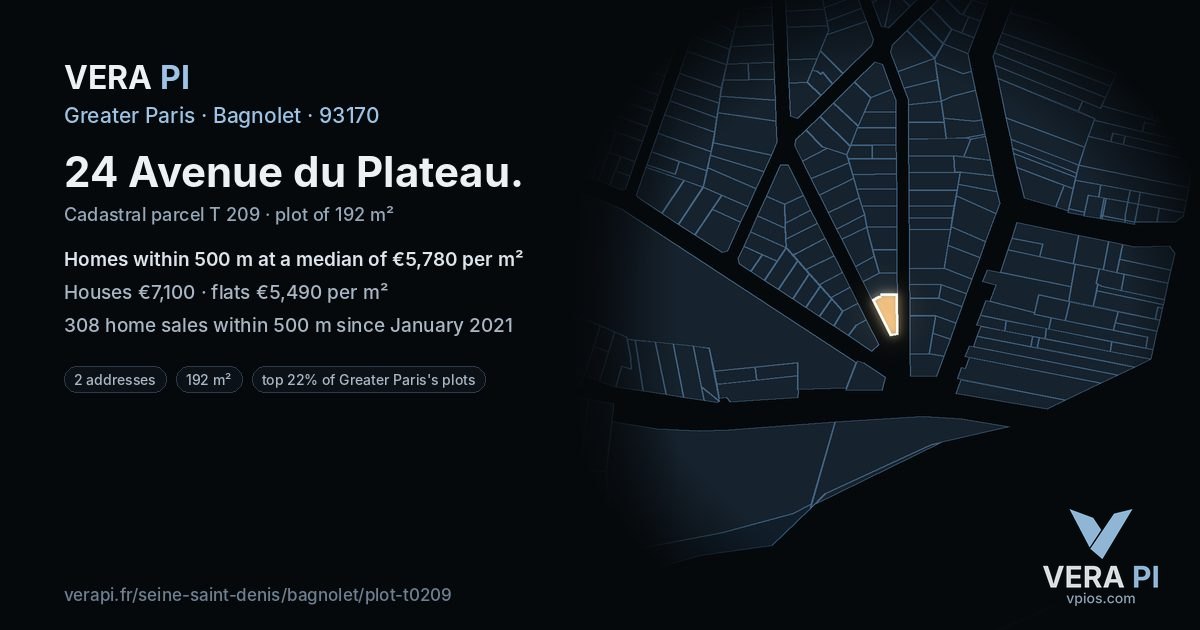 24 Avenue du Plateau, Bagnolet at night – the plot lit, the parcels around coloured by the prices near them