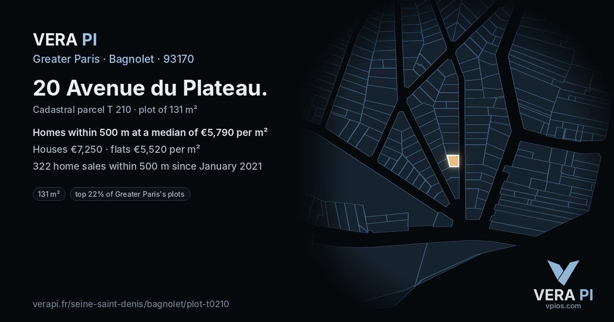 20 Avenue du Plateau, Bagnolet at night – the plot lit, the parcels around coloured by the prices near them