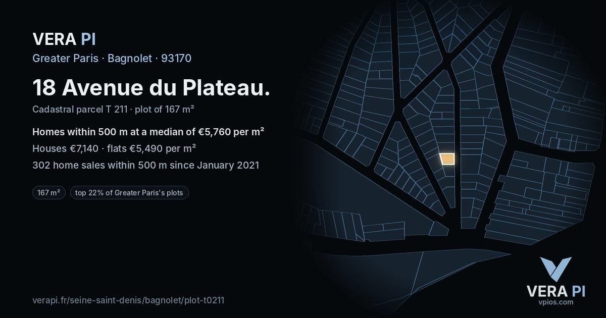 18 Avenue du Plateau, Bagnolet at night – the plot lit, the parcels around coloured by the prices near them