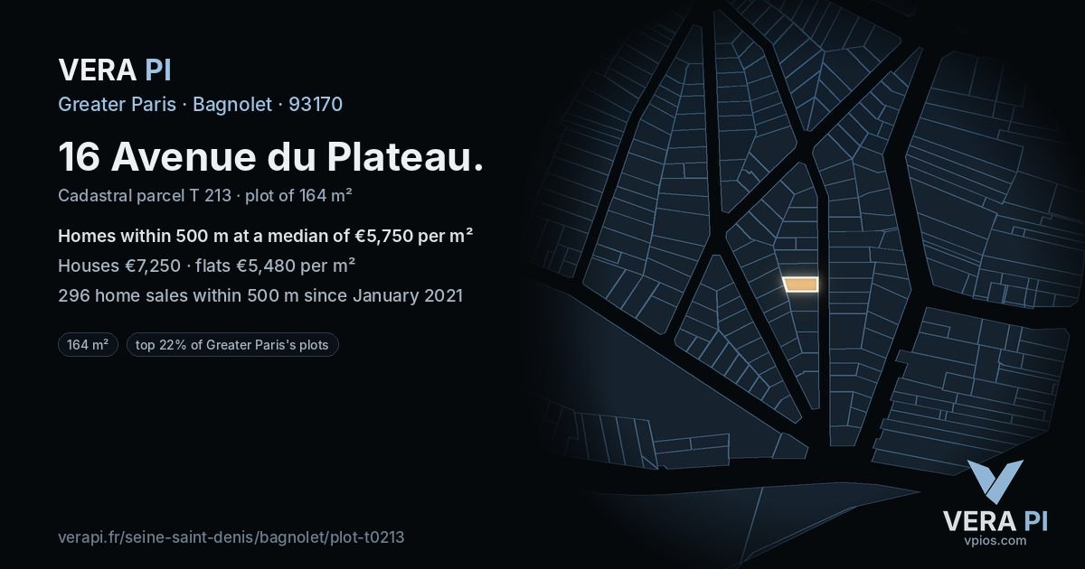 16 Avenue du Plateau, Bagnolet at night – the plot lit, the parcels around coloured by the prices near them