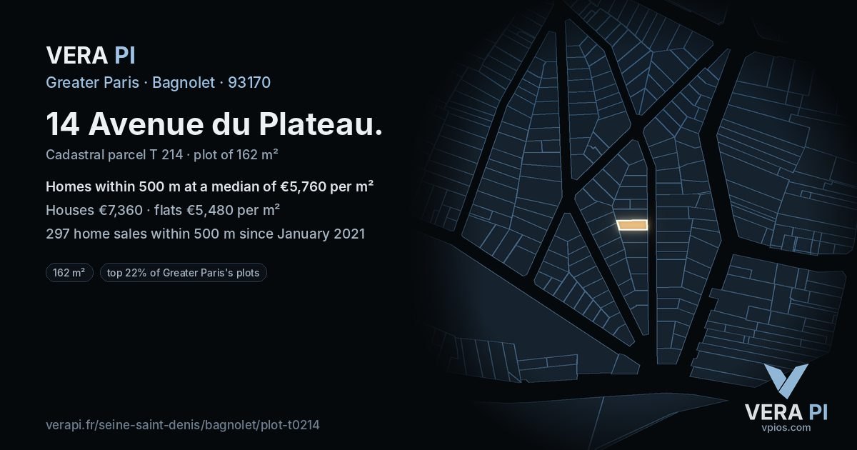 14 Avenue du Plateau, Bagnolet at night – the plot lit, the parcels around coloured by the prices near them
