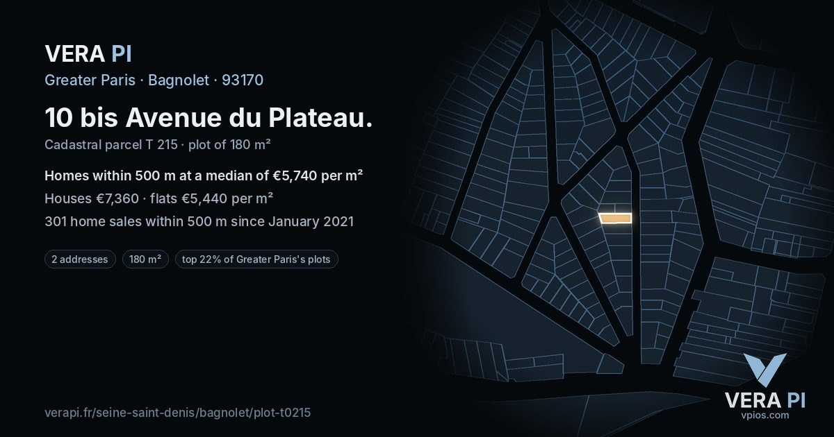 10 bis Avenue du Plateau, Bagnolet at night – the plot lit, the parcels around coloured by the prices near them