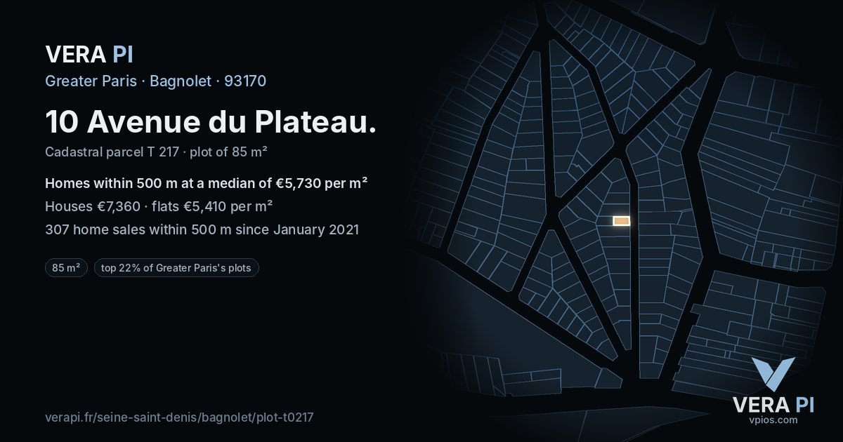 10 Avenue du Plateau, Bagnolet at night – the plot lit, the parcels around coloured by the prices near them
