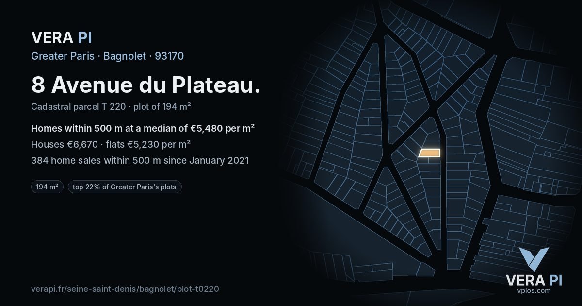 8 Avenue du Plateau, Bagnolet at night – the plot lit, the parcels around coloured by the prices near them
