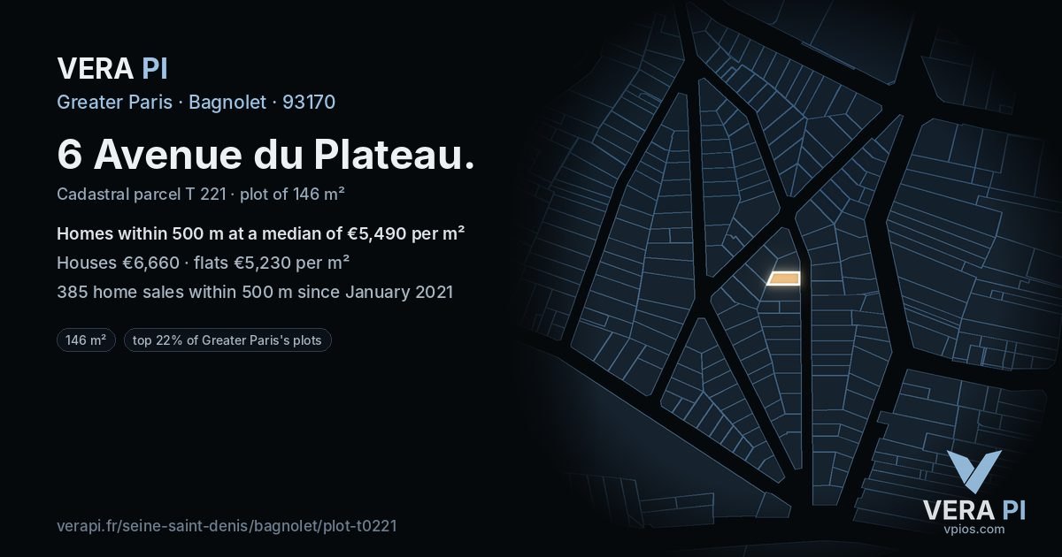 6 Avenue du Plateau, Bagnolet at night – the plot lit, the parcels around coloured by the prices near them