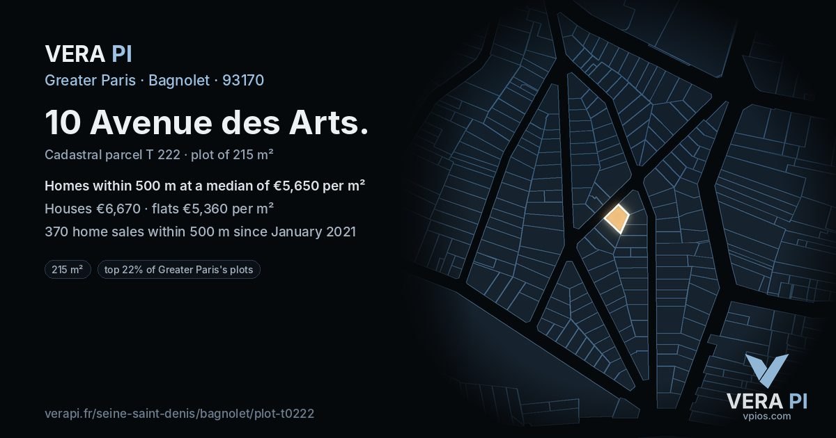 10 Avenue des Arts, Bagnolet at night – the plot lit, the parcels around coloured by the prices near them