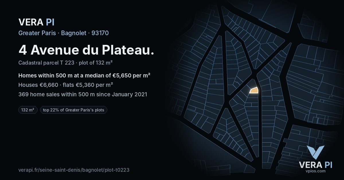 4 Avenue du Plateau, Bagnolet at night – the plot lit, the parcels around coloured by the prices near them