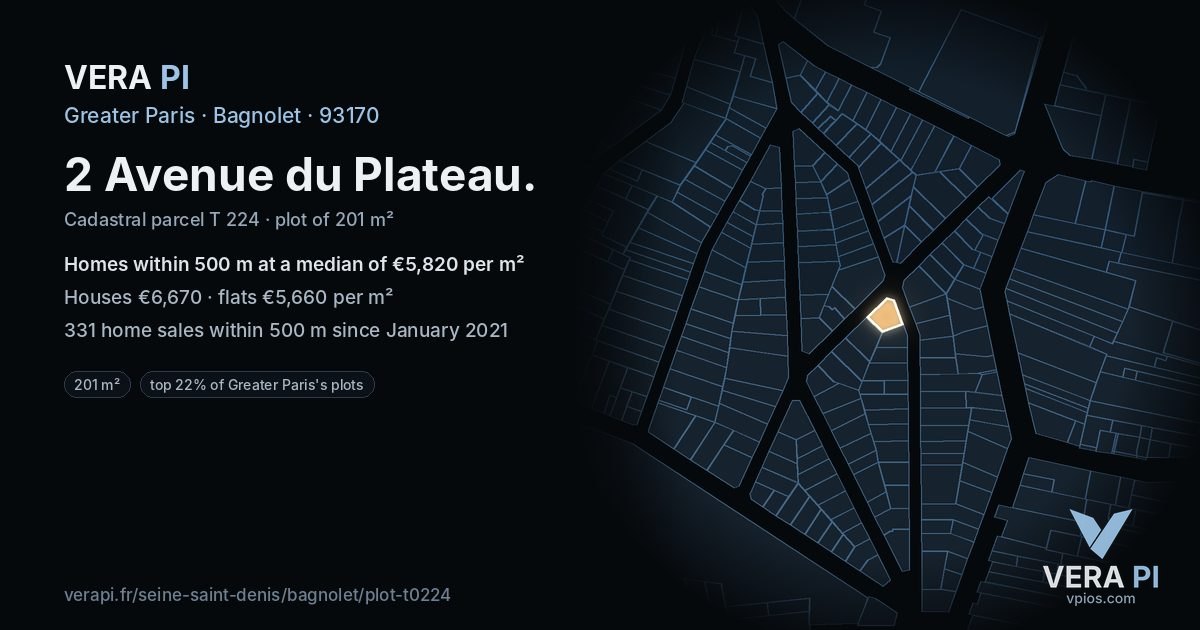 2 Avenue du Plateau, Bagnolet at night – the plot lit, the parcels around coloured by the prices near them