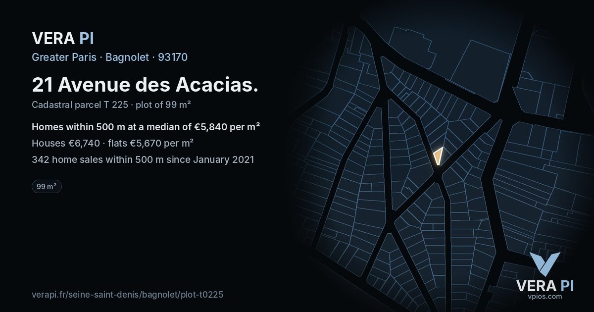 21 Avenue des Acacias, Bagnolet at night – the plot lit, the parcels around coloured by the prices near them