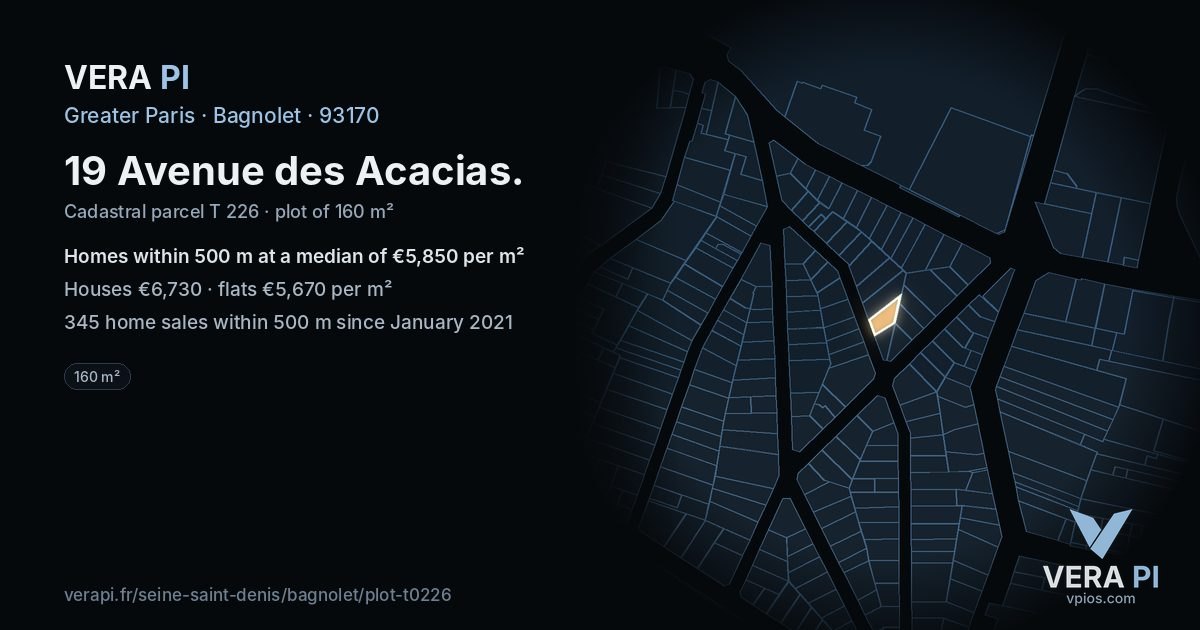 19 Avenue des Acacias, Bagnolet at night – the plot lit, the parcels around coloured by the prices near them