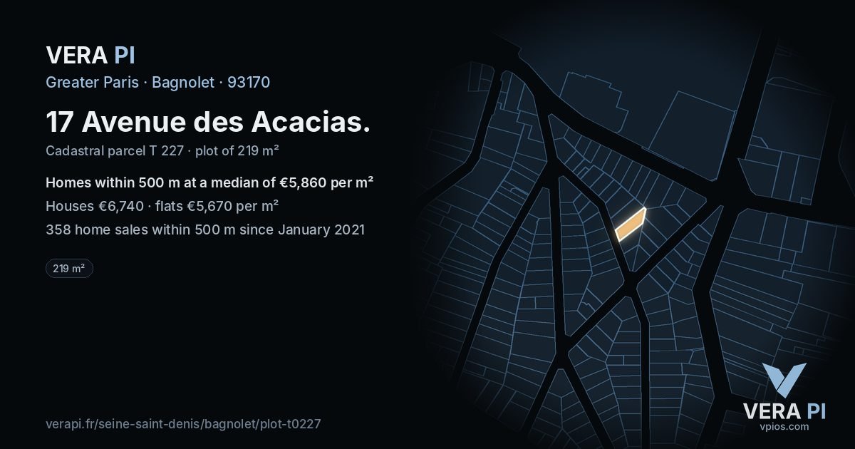 17 Avenue des Acacias, Bagnolet at night – the plot lit, the parcels around coloured by the prices near them
