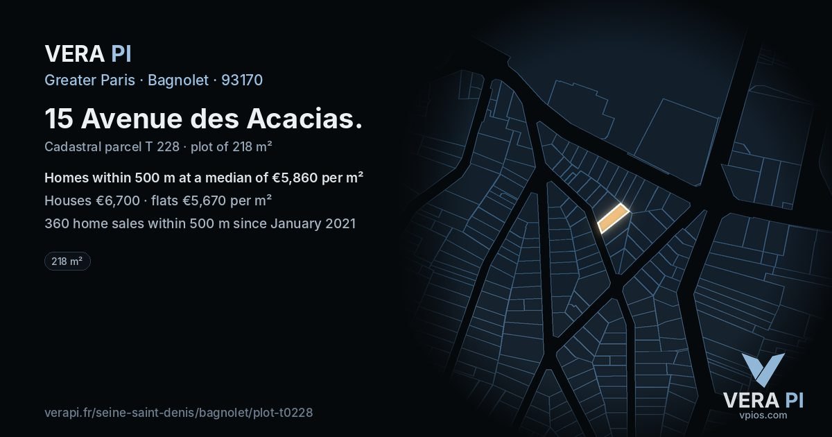 15 Avenue des Acacias, Bagnolet at night – the plot lit, the parcels around coloured by the prices near them