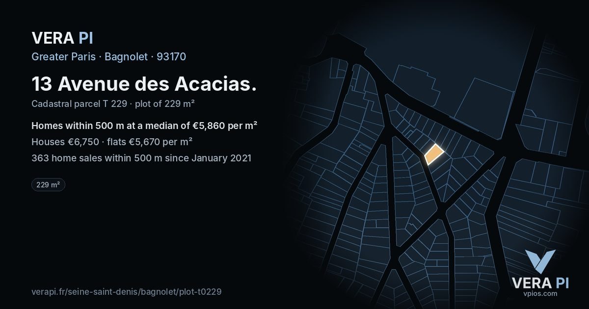 13 Avenue des Acacias, Bagnolet at night – the plot lit, the parcels around coloured by the prices near them