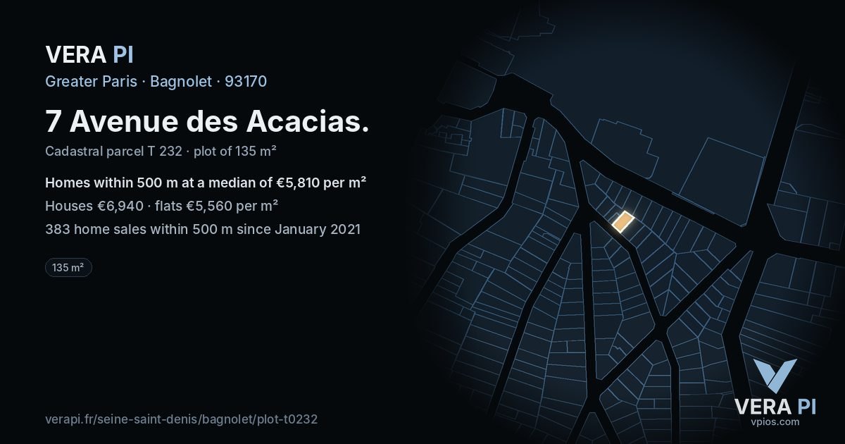 7 Avenue des Acacias, Bagnolet at night – the plot lit, the parcels around coloured by the prices near them