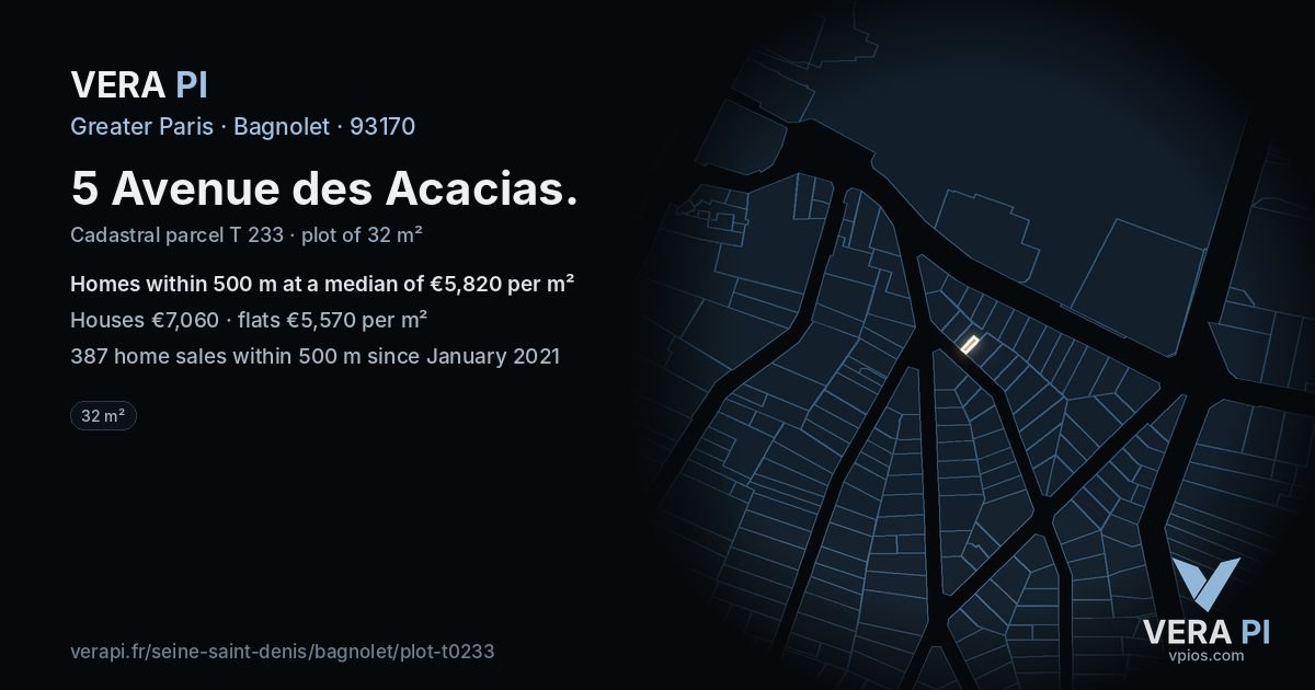 5 Avenue des Acacias, Bagnolet at night – the plot lit, the parcels around coloured by the prices near them
