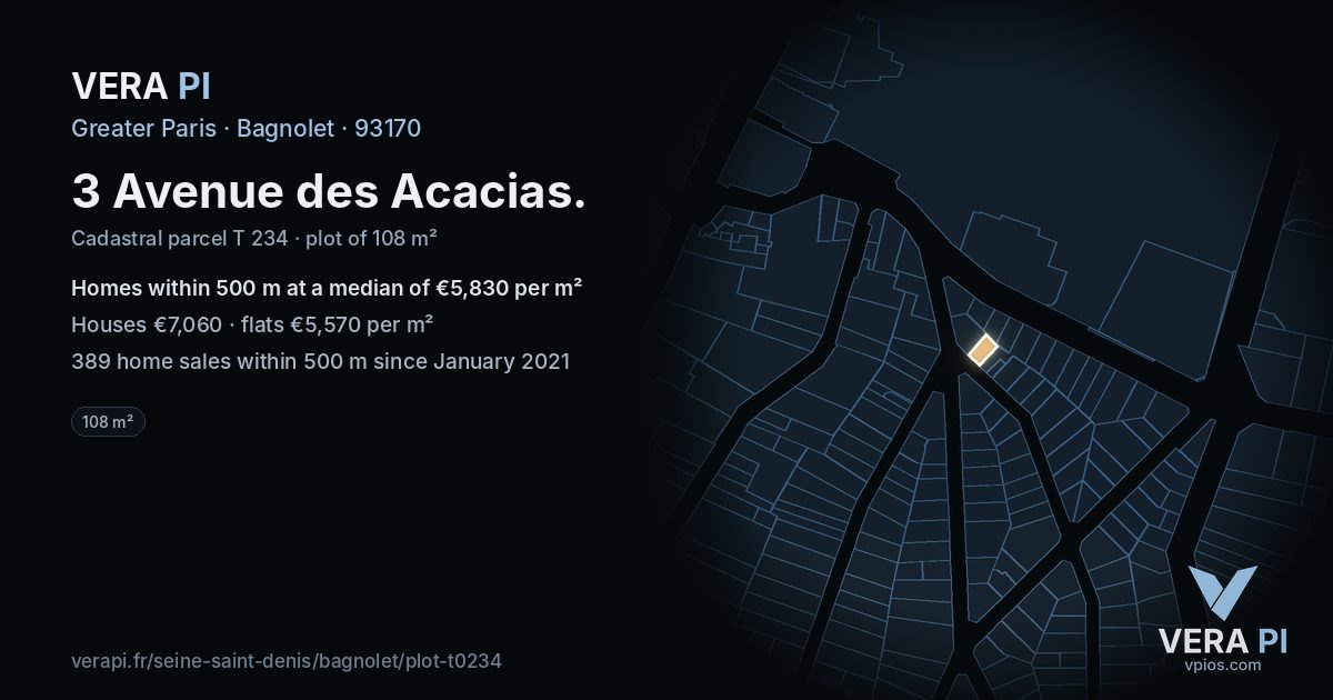 3 Avenue des Acacias, Bagnolet at night – the plot lit, the parcels around coloured by the prices near them