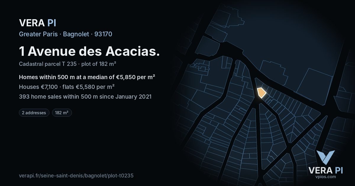 1 Avenue des Acacias, Bagnolet at night – the plot lit, the parcels around coloured by the prices near them