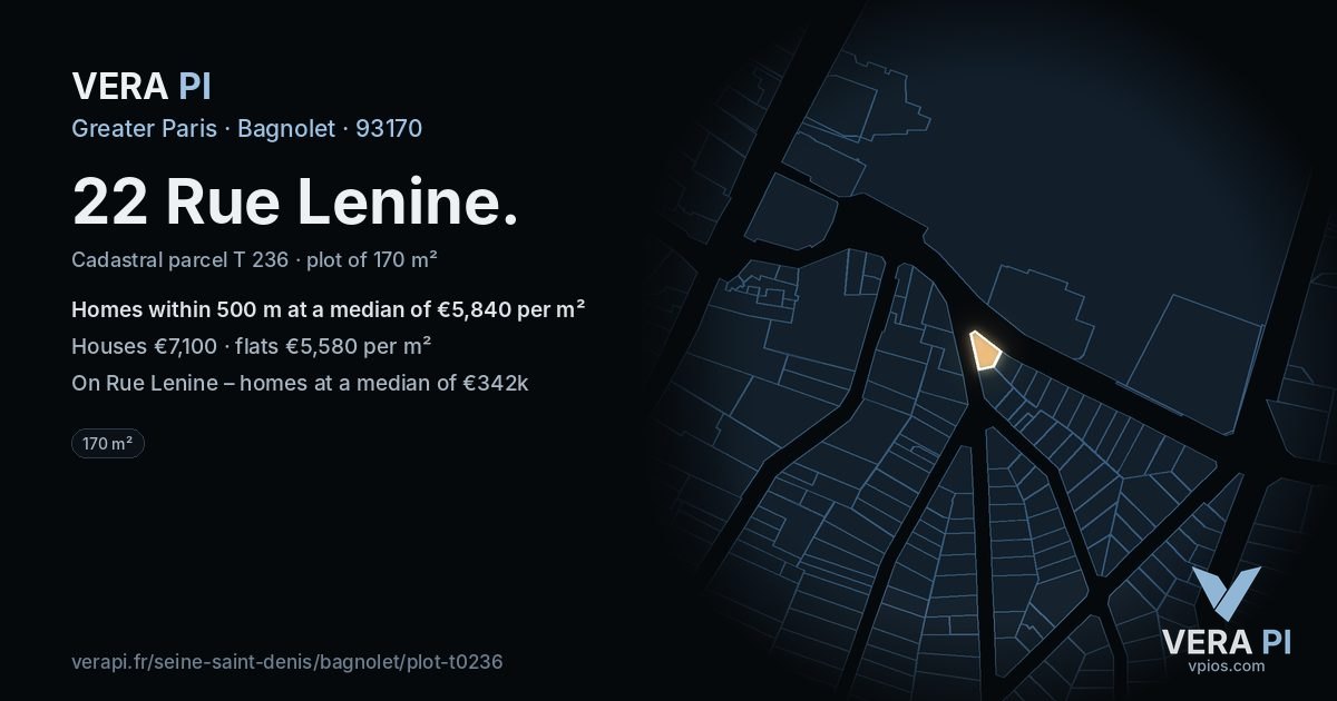 22 Rue Lenine, Bagnolet at night – the plot lit, the parcels around coloured by the prices near them