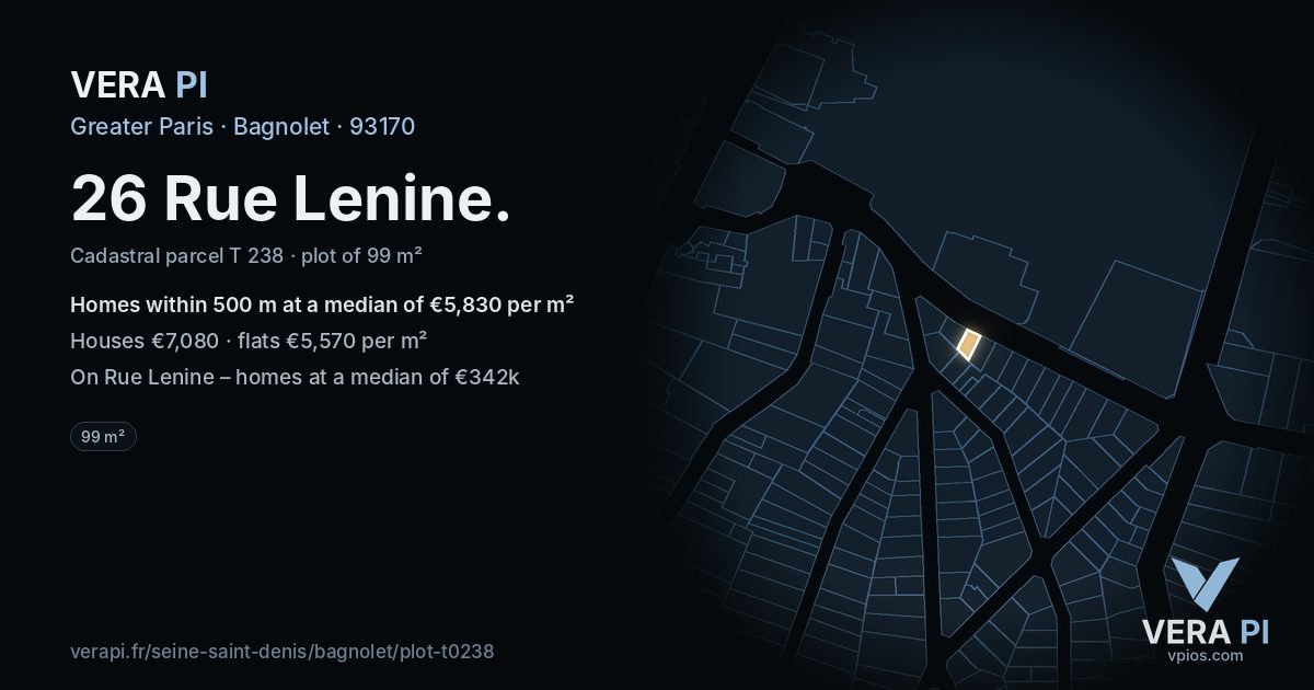 26 Rue Lenine, Bagnolet at night – the plot lit, the parcels around coloured by the prices near them