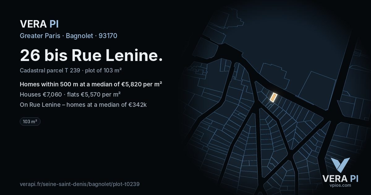 26 bis Rue Lenine, Bagnolet at night – the plot lit, the parcels around coloured by the prices near them