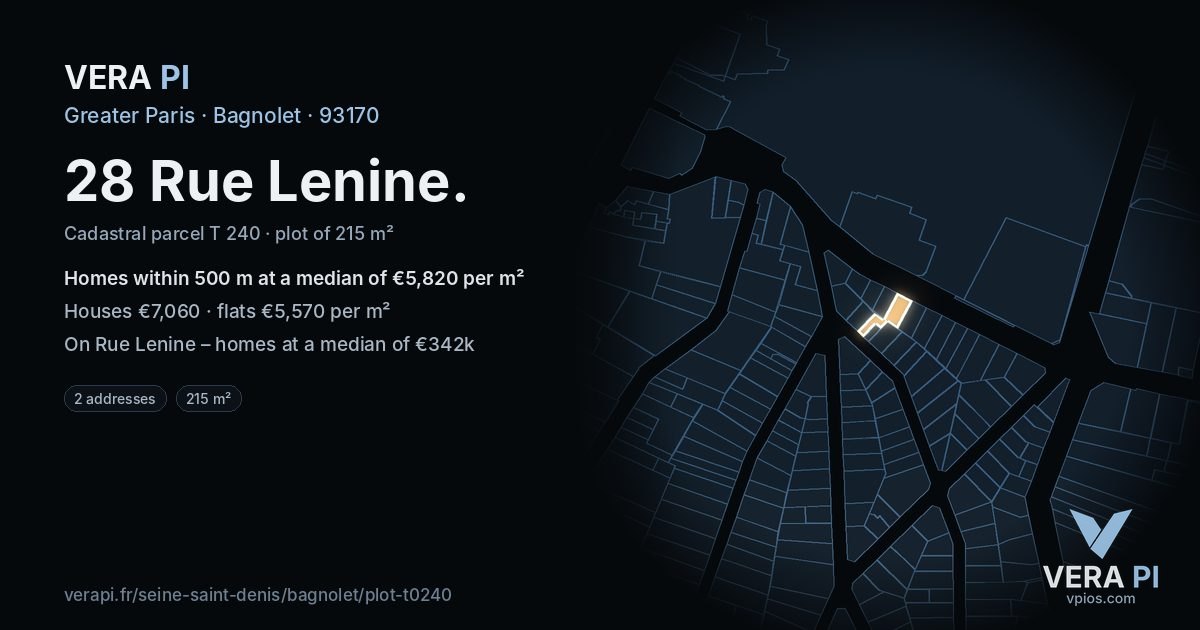 28 Rue Lenine, Bagnolet at night – the plot lit, the parcels around coloured by the prices near them