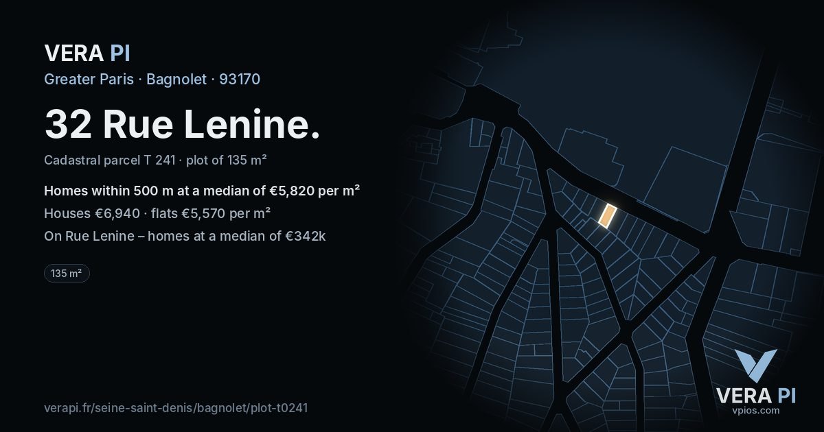 32 Rue Lenine, Bagnolet at night – the plot lit, the parcels around coloured by the prices near them
