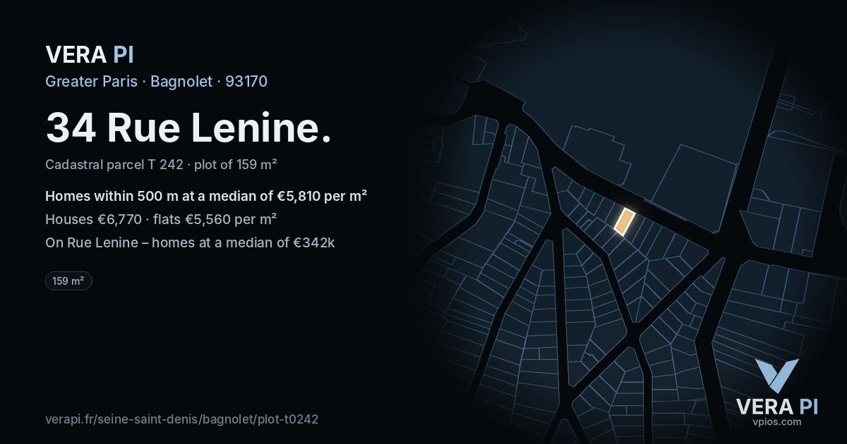 34 Rue Lenine, Bagnolet at night – the plot lit, the parcels around coloured by the prices near them
