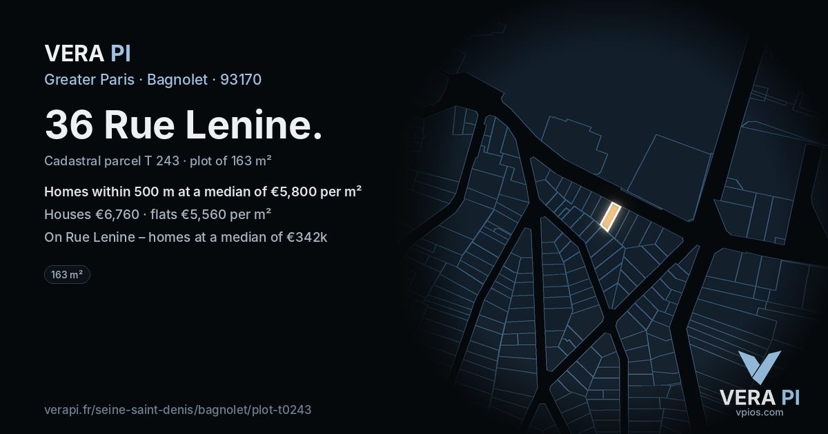 36 Rue Lenine, Bagnolet at night – the plot lit, the parcels around coloured by the prices near them