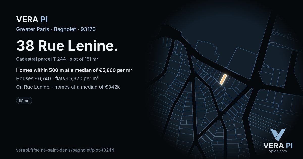 38 Rue Lenine, Bagnolet at night – the plot lit, the parcels around coloured by the prices near them