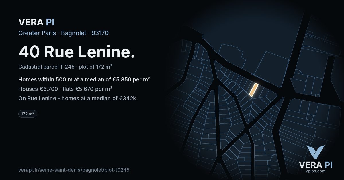 40 Rue Lenine, Bagnolet at night – the plot lit, the parcels around coloured by the prices near them
